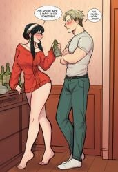 1boy 1girl ai_generated alcohol bare_legs bare_shoulders barefoot beer_bottle belt black_belt black_hair blonde_hair blush bottle bottomless breasts clothing counter crossed_arms cup dress drunk earrings english_language english_text feet female full_body gold_earrings green_pants hairband heel_up hetero holding holding_bottle husband_and_wife indoors jewelry kitchen large_breasts loid_forger long_hair long_sleeves looking_at_another male muscular muscular_male no_legwear off-shoulder_sweater open_mouth pants red_eyes red_sweater shirt short_hair short_sleeves sidelocks smile socks speech_bubble spy_x_family standing sweater sweater_dress text tiptoes toes twilight_(spy_x_family) white_hairband white_shirt wine_bottle yor_briar