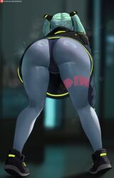 1girl aqua_hair ass ass_cleavage ass_crack ass_focus ass_shot back_view big_ass big_butt bikini black_jacket black_panties blue_skin blurry blurry_background bottom_heavy breasts bubble_ass bubble_butt butt_crack casual cd_projekt_red child_bearing_hips clothing colored_skin commentary crouching cyberpunk:_edgerunners cyberpunk_(series) cyberpunk_2077 english_commentary facing_away female female_only flat_chest flat_chested from_behind green_eyes green_hair hartman_hips hi_res highres huge_ass huge_thighs human indoors jacket long_hair long_sleeves looking_at_viewer looking_back nonsexual oroborusart outerwear pale_skin panties patreon_logo patreon_username pear-shaped_figure pear_shaped pear_shaped_female rebecca_(cyberpunk) rebecca_(edgerunners) red_eyes red_sclera savagexthicc short_hair sitting small_breasts smaller_female solo solo_female squatting steaming_body studio_trigger sweat swimsuit thick_ass thick_thighs thunder_thighs twintails underwear_on_head wide_hips