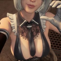 1girls 3d boobs clothed eve_(stellar_blade) revealing_clothes screenshot selfie shift_up solo_female stellar_blade white_hair yorha_2b_(cosplay)