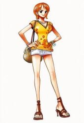 1girls accurate_art_style accurate_body_type ai_generated bag bangle bare_legs bracelet breasts brown_bag brown_footwear busty cleavage closed_mouth clothing curvaceous curvy curvy_figure eiichiro_oda_style feet female female_focus female_only footwear full_body gladiator_sandals glossy_body handbag hands_on_hips hands_on_own_hips high_heels high_resolution highres hourglass_figure jewelry large_breasts legs light-skinned_female light_skin log_pose long_legs looking_at_viewer manga_style nail_polish nami_(one_piece) necklace official_style one_piece orange_hair pearl pearl_bracelet pearl_necklace print_shirt sandals shiny shiny_clothes shiny_hair shiny_skin shirt shoes short_hair short_shorts short_sleeves shorts shoulder_bag simple_background smile solo solo_focus standing strappy_heels three-quarter_view toeless_footwear toenail_polish toenails toes white_background white_shorts yellow_shirt