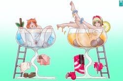 2girls abe_nana anklet blonde_hair bracelet cocktail completely_nude hair_ornament hair_ribbon ice idolmaster irida_(pokemon) kai_(pokemon) ladder masturbation medium_breasts orange_hair pokemon short_hair tosca_thunder wine_glass