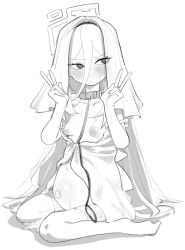 1girl animal_collar asahina_yoshitoshi averting_eyes big_belly blue_archive blush breasts bridal_veil collar cum double_v full_body greyscale hair_between_eyes halo hands_up highres kei_(blue_archive) leash monochrome nipples pregnant rectangular_halo simple_background sitting small_breasts thighhighs v veil wariza white_background