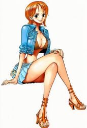 1girls accurate_art_style accurate_body_type ai_generated arm_support bangle bare_legs belt bikini bikini_top bikini_top_only black_eyes blue_jacket blue_skirt bra bracelet breasts brown_bikini brown_swimsuit busty buttons clavicle cleavage closed_mouth clothing collared_jacket crop_top cropped_jacket crossed_legs curvaceous curvy curvy_figure denim denim_jacket eiichiro_oda_style eyelashes feet female fingernails footwear full_body gladiator_sandals hand_on_own_knee high_heels high_resolution highres hourglass_figure invisible_chair jacket jewelry large_breasts legs log_pose long_legs looking_at_viewer manga_style midriff miniskirt nami_(one_piece) navel official_style one_piece open_clothes open_jacket orange_footwear orange_hair pleated_skirt sandals shoes short_hair simple_background sitting skirt slender_waist smile solo strappy_heels swimsuit thighs three-quarter_view toenails toes underwear white_background