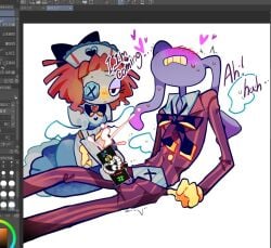 1boy 1girl alternate_costume art_program_in_frame black_bow black_eyes blue_dress blush bow button_eyes buttons censored commentary_request cum dress ejaculation english_text furry furry_with_non-furry gloves handjob hat heart interspecies jacket jax_(the_amazing_digital_circus) korean_commentary pants purple_jacket purple_pants ragatha_(the_amazing_digital_circus) red_hair short_hair striped_clothes striped_jacket striped_pants suit_jacket tadc_censor_bar the_amazing_digital_circus vertical-striped_clothes vertical-striped_jacket vertical-striped_pants white_hat wings yellow_gloves yuminan52399