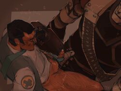 artist_request blush chest_hair dilf erection frottage frotting gay heavy_robot leg_hair medic_(team_fortress_2) older_male penis precum robot robot_humanoid rubbing_penis_on_penis team_fortress_2