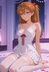 1girl ai_generated asuka_langley_soryu barefoot bedroom blue_eyes blush camisole city_lights cleavage evangelion hair_ribbon indoors knee_up kneeling large_breasts long_hair looking_at_viewer night nightgown on_bed orange_hair petals red_ribbon sitting solo thighhighs twin_tails white_lingerie window