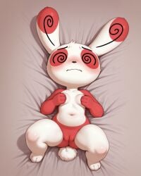 1girls ai_generated bed bedsheets belly_button black_nose blush_lines blushing blushing_at_viewer breasts breedorbred collarbone comfyui covering_breasts female female_only full_body furrowed_brow hi_res large_ears laying_on_back laying_on_bed legs_apart nervous nude pokemon pov pussy red_body scut_tail simple_background small_breasts smooth_skin spinda spiral_eyes two-tone_body viewed_from_above vulva wavy_mouth white_body