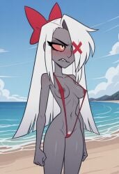 1girls ai_generated annoyed_expression areola_slip beach blushing civitai grey_areola grey_skin hair_bow hazbin_hotel long_hair outdoors pubic_hair pubic_hair_peek sharp_teeth skimpy_swimwear sling_bikini slingshot_swimsuit solo stable_diffusion swimsuit vaggie_(hazbin_hotel) white_hair white_pubic_hair yellow_eyes