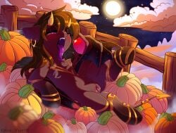 ahegao alternate_version apple autumn bat_ears bat_pony bat_wings bedroom_eyes chest_fluff cloud colored commission demon demon_pony drool drool_string ears_back female fence field flat_colors fog food friendship_is_magic genitals halloween halloween_2025 holiday incubus lying_down mare mlp mlp_g4 moon my_little_pony night nudity oc oc_only open_mouth outdoors pony pumpkin smiling solo succubus tongue_out underhoof vagina vaginal_secretions wing_hands wings yuris_(artist)
