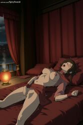 1girl ai_generated avatar_legends black_hair blush breasts closed_eyes hi_res high_quality high_resolution large_breasts long_hair masturbation navel nipples no_bra no_panties open_clothes open_mouth patreon pussy_juice seductive sexy solo spicytoonai ty_lee uncensored watermark