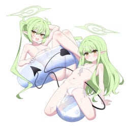 ass ball_(object) beach_ball bikini blue_archive blush blushing_at_viewer buoy compressed female_masturbation flat_chested green_hair grinding halo hikari_(blue_archive) improvised_sex_toy inflatable long_hair looking_at_viewer masturbation mesugaki nozomi_(blue_archive) on_ball otakummm pool_toy sitting sitting_on_ball sitting_on_beach_ball skimpy_bikini tail wet white_bikini
