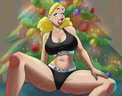 1girls ai_assisted ai_generated blacked blacked_clothing blonde_hair breasts christmas christmas_tree cleavage edit grok half-closed_eyes la_cuarta large_breasts lipstick long_hair mudkrapt navel palomita panties solo sports_bra