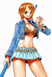 1girls accurate_art_style accurate_body_type ai_generated bangle belt big_breasts bikini bikini_top bikini_top_only black_eyes blue_jacket blue_skirt bra bracelet breasts busty clavicle cleavage closed_mouth clothing collared_jacket cowboy_shot cropped_jacket curvaceous curvy curvy_figure denim denim_jacket eiichiro_oda_style female female_focus female_only fingernails gold_bracelet groin hand_up high_resolution highres holding holding_object holding_polearm holding_staff holding_weapon hourglass_figure jacket jewelry large_breasts legs light-skinned_female light_skin linea_alba log_pose long_sleeves looking_at_viewer manga_style midriff miniskirt nami_(one_piece) navel official_style ok_sign one_piece open_clothes open_jacket orange_hair pleated_skirt polearm shiny shiny_hair shiny_skin short_hair simple_background skirt slender_waist smile solo solo_focus staff standing stomach swimsuit thighs three-quarter_view underboob weapon white_background