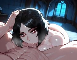 1boy 1girls ai_generated black_hair male_pov pov red_eyes serana short_hair skyrim tagme the_elder_scrolls vampire vampire_girl