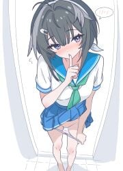 1girl absurdres alternate_costume arknights black_hair blue_eyes blue_sailor_collar clothes_lift commentary_request eggplant7217 feather_hair finger_to_mouth flashing flying_sweatdrops foreshortening green_neckerchief hair_ornament hairclip highres index_finger_raised la_pluma_(arknights) lifting_own_clothes looking_at_viewer neckerchief panties panty_pull pussy sailor_collar shirt shirt_lift short_hair short_sleeves solo spoken_blush standing uncensored underwear white_shirt