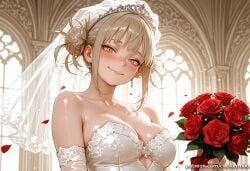 1girl ai_generated bangs bare_shoulders blonde_hair blunt_bangs blush bouquet breasts bridal_veil bride cleavage closed_mouth collarbone double_bun dress earrings elbow_gloves flower gloves hair_bun himiko_toga holding holding_bouquet indoors jewelry kermixx large_breasts looking_at_viewer medium_breasts messy_hair my_hero_academia petals red_flower red_rose rose shiny shiny_skin sidelocks smile solo strapless strapless_dress tiara toga_himiko upper_body veil wedding_dress white_dress white_gloves window yellow_eyes