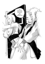 1boy 2girls absurdres blush breasts clothed_sex english_text haruno_sakura hetero highres japanese_clothes jiraiya_(naruto) kookieminju large_breasts long_hair monochrome multiple_girls naruto_(series) naruto_shippuuden nipples sex sex_from_behind spiked_hair stealth_sex tsunade_(naruto)