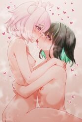 2girls absurdres aisu_koffie amo_aster animal_ear_fluff animal_ears arms_around_another's_waist arms_around_neck ass black_hair blush breasts cat_ears colored_inner_hair commentary_request commission completely_nude eye_contact face-to-face french_kiss green_hair heart heart-shaped_pupils heart_in_eye highres hug indie_virtual_youtuber kiss looking_at_another multicolored_hair multiple_girls nipples nude open_mouth pink_hair sadukitsune saliva saliva_trail short_hair simple_background small_breasts steam symbol-shaped_pupils symbol_in_eye two-tone_hair virtual_youtuber yuri