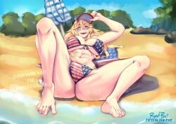 1girl 4th_of_july alternate_version_available american_flag american_flag_bikini american_flag_print american_flag_print_panties beach bikini breasts commission feet flag_print flag_print_bikini headgear iowa_(kancolle) kantai_collection large_breasts looking_at_viewer outdoors panties print_bikini print_panties ryufboi solo star-shaped_pupils swimsuit symbol-shaped_pupils underwear vgen_commission