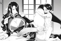 age_difference ai_generated anal azuma_fubuki futa_milf futa_mommy futanari good_boy huge_ass huge_breasts huge_penis huge_testicles lawlbw191 male_on_futa manga_style mato_seihei_no_slave milf mommy monochrome pubic_hair reverse_cowgirl_position size_difference training wakura_yuuki