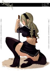 1girls 2011 anus ass baby_doll_(sucker_punch) big_ass blonde_hair female female_only hairband hotdesigns2 pussy skirt solo squatting sucker_punch sword twintails