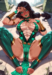 1girl ai_generated arzagod big_breasts black_hair blush bodysuit green_eyes jade_(mortal_kombat) large_breasts long_hair makeup mortal_kombat perfect_legs pussy_focus sweat tagme tanned_skin thick_thighs