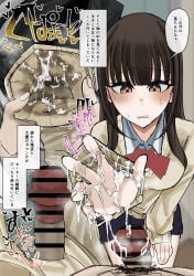 1boy 1girl absurdres bar_censor brown_eyes brown_hair bukkake censored cum cum_on_clothes highres yufuuuck