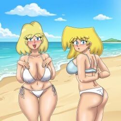 1girls 2girls bare_shoulders beach belly_button bikini blonde_female blonde_hair blue_eyes blue_eyeshadow breasts cleavage earrings eyeshadow female female_focus female_only front_view leon_pazchowder light-skinned_female light_skin looking_at_viewer lori_loud milf mother_and_daughter nickelodeon nicktoons outdoors panties rita_loud short_hair smile standing teenage_girl teenager the_loud_house