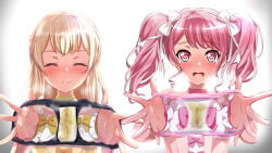 16:9 2girls bang_dream! bare_shoulders black_panties black_underwear blonde_hair blush bow choker closed_eyes closed_mouth clothed dirty_panties double-parted_bangs dress dress_bow ears eyebrows_visible_through_hair female female_focus female_only frilled_dress frilled_wrist_cuffs hair_bow half_updo holding_panties lace-trimmed_panties lace_panties landscape layered_dress lolita_fashion long_hair maruyama_aya menstrual_pad multicolored_dress open_mouth panties panties_removed pink_choker pink_dress pink_eyes pink_hair pink_panties pink_underwear shirasagi_chisato shiriso showing_panties simple_background standing steam steamy steamy_breath strapless strapless_dress stray_pubic_hair tears tongue twintails two-tone_dress underwear unworn_panties upper_body upper_body_only very_high_resolution vignetting white_background white_dress wrist_cuffs yellow_choker yellow_dress