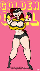 audrey_page big_breasts breasts costume freckles golden_girl red_hair rustysh4ckl3ford simple_background simple_shading smile superheroine text the_developing_adventures_of_golden_girl thick_hips thick_thighs tiptoes wide_eyed