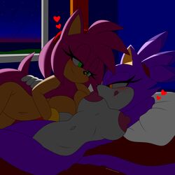 2021 amy_rose anthro bed black_nose blaze_the_cat blush dark domestic_cat duo eyelashes female female/female green_eyes headband heart hedgehog jasielewdko jasienorko licking licking_lips lying navel night pillow pink_body pink_hair purple_body purple_fur sonic_(series) yellow_eyes yuri