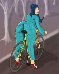 arabian arabian_clothes ass_in_dress bicycle bike dress high_heels hijab long_dress mother red_high_heels sitting_on_bicycle sitting_on_bike