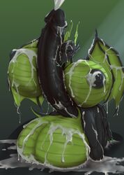 absurd_res anthro balls big_balls big_breasts big_penis black_body black_nipples black_penis blush bodily_fluids breasts cum cum_covered cumshot dksk30 dragon ejaculation erection excessive_cum futanari genital_fluids genitals green_background green_body green_eyes green_scales hand_on_penis herm hi_res holding_penis huge_balls huge_breasts huge_cock humanoid_genitalia humanoid_penis hyper hyper_balls hyper_breasts hyper_genitalia hyper_penis intersex kaya_(knockedoutdragon) kneeling licking membrane_(anatomy) membranous_wings messy nipples oral penile penis penis_lick scales scalie sex simple_background solo tongue tongue_out vein veiny_penis western_dragon wings