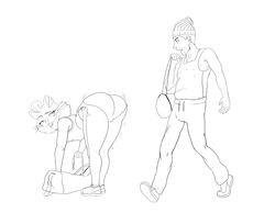 absurd_res anthro ass bent_over black_and_white bojack_horseman clothed clothing domestic_cat duo felid feline felis female female_on_human gardenminttea genitals hat headgear headwear hi_res human human_on_anthro interspecies line_art looking_back male male/female male_on_anthro mammal monochrome netflix presenting presenting_hindquarters princess_carolyn pussy shaking_butt shirt sweatpants tank_top todd_chavez topwear torn_clothing walking