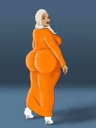 arabian arabian_clothes ass big_ass big_breasts big_butt breasts dress eyelashes female high_heels hijab huge_ass lipstick orange_dress thick thick_ass thick_eyebrows thick_legs thick_thighs tight_clothing tight_dress voluptuous