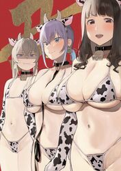 3girls animal_ears bikini blush breast_envy collar cow_ears cow_girl cow_print cowbell ear_tag female female_only flat_chest hairband hinnyuu-chan_(iku) horn iku_(ikuchan_kaoru) ikuchan_kaoru_(character) indie_virtual_youtuber kyonyuu-chan_(iku) large_breasts looking_at_viewer pale-skinned_female short_hair virtual_youtuber