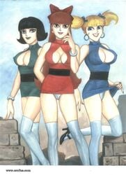 3girls aged_up big_eyes black_hair blonde_hair blossom_(powerpuff_girls) boob_window bow bracelet bubbles_(powerpuff_girls) busty buttercup_(powerpuff_girls) cleavage cleavage_cutout clothed_female dress_lift erect_nipples female female_only high_heels kneehighs lipstick looking_at_viewer multiple_girls nipple_bulge pandoras_box panties panties_showing powerpuff_girls red_hair seductive short_dress short_hair small_clothes twintails url