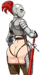 1girls armet armor armwear ass ass_focus ass_out bare_ass bottomless breastplate casual casual_nudity couter cuirass cuisse female female_knight from_behind gauntlets gorget headwear human kardia_of_rhodes knight legwear light-skinned_female light_skin longsword looking_over_shoulder medieval medieval_armour nisetanaqa original pale_skin pauldrons plate_armor rerebrace scabbard sheath solo sword vambraces weapon