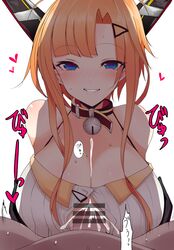 1boy 1girls azur_lane blush breasts cleavage_cutout clothing_cutout collar cum ejaculation female foxhound_(azur_lane) foxhound_(retrofit)_(azur_lane) grin han_(jackpot) large_breasts light-skinned_female light-skinned_male light_skin long_hair orange_hair paizuri paizuri_under_clothes parted_lips perpendicular_paizuri pov retrofit_(azur_lane) royal_navy_(azur_lane) smile straight sweat