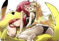 2girls ass blonde_hair blush crossover feet haraya long_hair mythra nintendo pikachu pokemon pyra red_eyes red_hair short_hair super_smash_bros. super_smash_bros._ultimate upskirt wide_eyed xenoblade_(series) xenoblade_chronicles_2