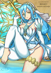 1girls absurdres asymmetrical_bangs azura_(fire_emblem) bangs bare_thighs barefoot blue_hair breasts dress elbow_gloves female fingerless_gloves fire_emblem fire_emblem_fates gloves hair_between_eyes highres holding holding_lance holding_polearm holding_weapon jewelry lance long_hair looking_at_viewer nintendo polearm redjet smile solo solo_female very_long_hair water weapon wet yellow_eyes