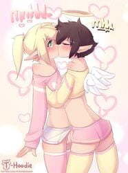 2boys bare_shoulders blonde_hair blush bottomless bottomless_skirt brown_hair bulge closed_eyes clothed clothing femboy frottage gay girly halo hoodie_(artist) kissing male_only max_(hoodie) miniskirt no_panties original original_character penis_under_clothes penis_under_skirt pointy_ears ponytail skirt stockings thighhighs trap trap_on_trap vick_(hoodie) yaoi