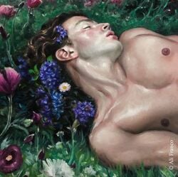 1boy alifranco_art brown_hair daisy detailed erect_nipples eyes_closed flower flowers flowers_in_hair human human_only hyacinth long_hair male male_focus male_only naked no_visible_genitalia nude nude_male painting_(artwork) solo solo_male spring