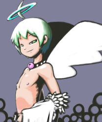 00s 1boy 6:7 ahoge androgynous angel angel_wings angle_mint_(minus8) armpits ball bell bell_collar cloud collar detached_sleeves eyebrows_visible_through_hair feathers femboy green_eyes green_hair grey_background half-closed_eyes halo looking_back male male_only matching_hair/eyes minus8 nipples nude original shadow short_hair smile smirk solo standing white_feathers wings