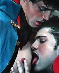 2boys alifranco_art blush gay historical human human_only kiss licking licking_breast licking_pecs male male/male male_nipples male_only nipples painting_(artwork) pale-skinned_male pecs pectorals soldier soldiers tongue tongue_out uniform yaoi