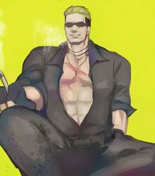 1boy barely_clothed blonde_hair cigarette grin king_of_fighters male_focus male_only muscular muscular_male necklace ryuji_yamazaki simple_background smoke snk solo_male sunglasses