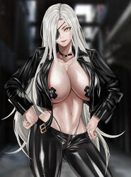 1girls alchemist_(girls'_frontline) alternate_version_available black_pasties breasts english_text eye_patch female_only fuck_me_(text) fuck_me_pasties gcg girls'_frontline huge_breasts navel nipple_bulge pasties pasties_with_text profanity solo solo_female trenchcoat very_long_hair white_hair x_pasties yellow_eyes