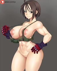 1girls abs akira_kazama areolae big_areola big_breasts bottomless breasts brown_hair clothing colored exposed_breasts exposed_pussy female female_focus female_only fit_female large_breasts loose_clothes muscular muscular_female rival_schools short_hair simple_background street_fighter street_fighter_v tank_top tank_top_pull thick_thighs thighs toned_female ttrop video_games