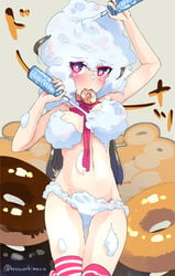 1girls 2018 black_hair blush breasts convenient_censoring cream donut eyebrows female food holding holding_object japanese_text long_hair looking_at_viewer messy mouth_hold nude original pink_eyes shampoodoll solo solo_female striped_legwear striped_socks underass wam whipped_cream