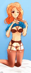 brown_eyes female female_focus female_only langdedrosa lifting_clothing lifting_shirt lingerie necklace orange_hair sheets simple_background smile smiling thighhighs